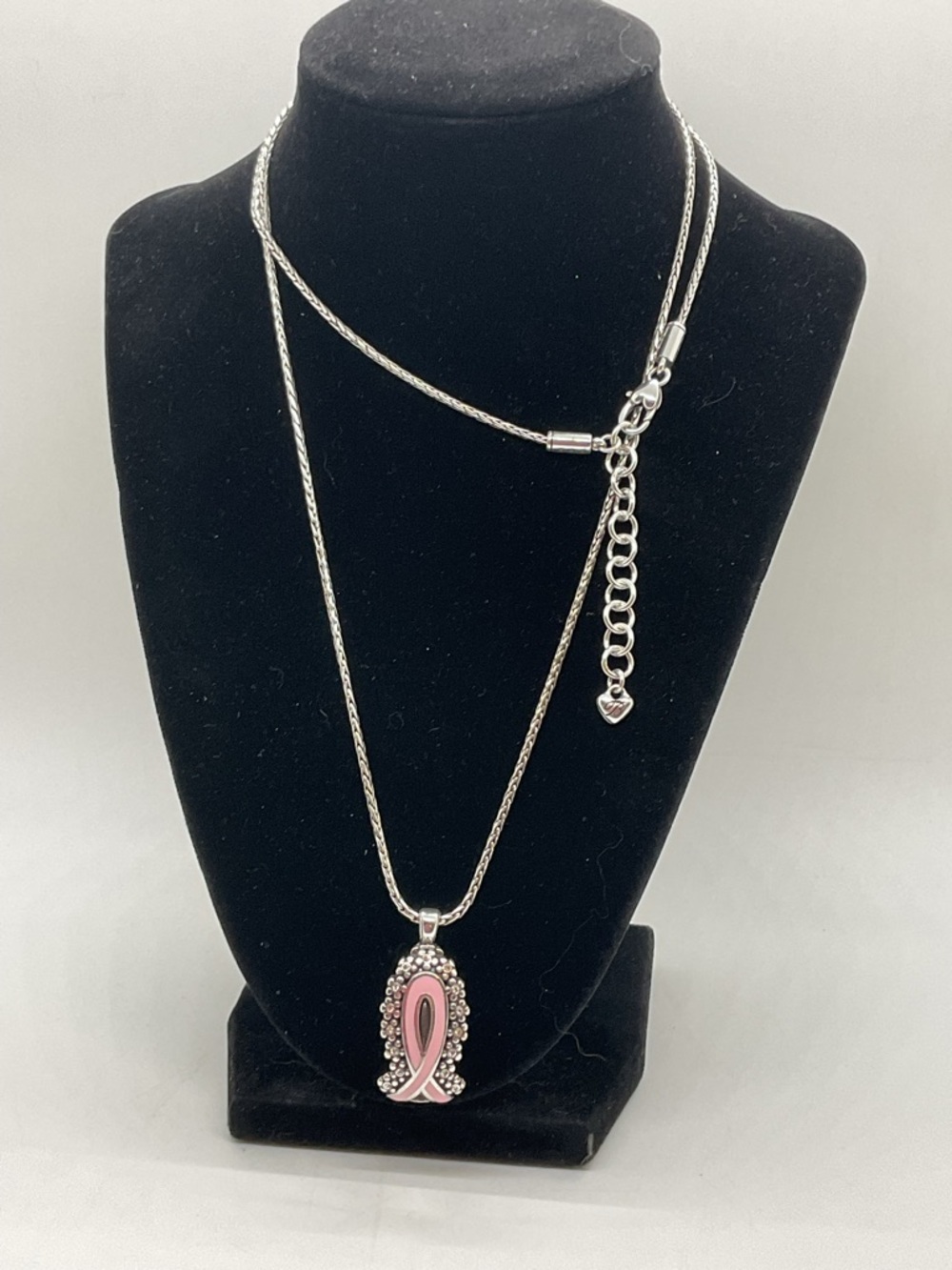 Brighton Silver-Plated Pink Ribbon Pendant Bagde Holder Long Necklace